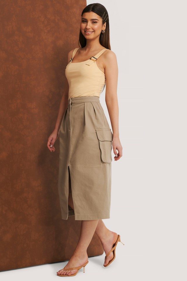 Organic Front Slit Cargo Midi Skirt Brown