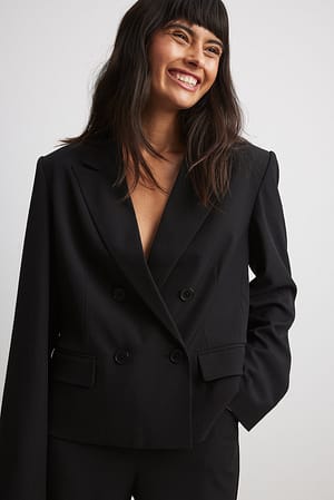 Black Straight Double Breasted Cropped Blazer