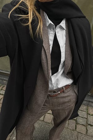 Dark Beige Rechte oversized blazer met visgraatpatroon