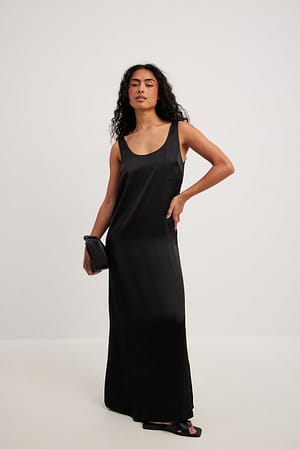 Black Straight Satin Maxi Dress