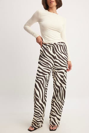 Brown Zebra Print Pantaloni eleganti dritti