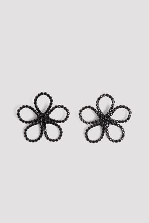 Black Øredobber med strass-blomster