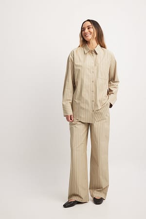Beige Stripe Bawełniane spodnie w prążki ze sznurowaniem