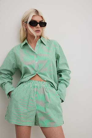 Green/White Striped Elastic Waist Cotton Shorts