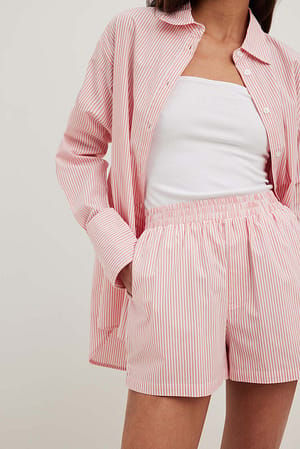 Pink/White Striped Elastic Waist Cotton Shorts