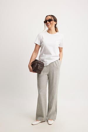 Khaki/White Stripe Pantalon rayé en lin à taille élastique
