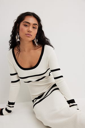 White/Black Striped Knitted Midi Dress