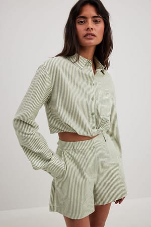 Green Stripe Striped Linen Look Cropped Shirt