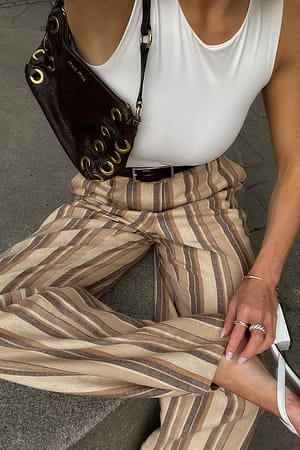 Brown Stripe Spodnie garniturowe w paski ze średnim stanem