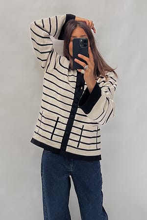 Beige/Black Stripe Striped Oversized Knitted Cardigan