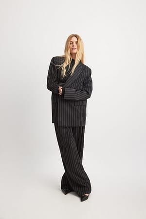 Black/White Stripe Pantalon taille haute à plis et rayures