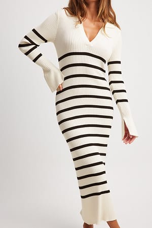 White/Black stripe Striped Rib Knitted Trumpet Sleeve Dress