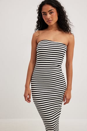 offwhite/black Striped Tube Midi Dress