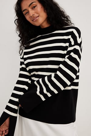 Black/White Striped Turtle Neck Knitted Sweater