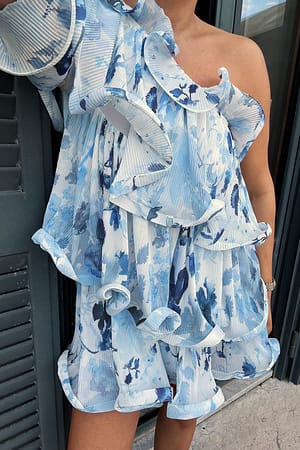 Blue Flower Print Structure Frills Mini Dress