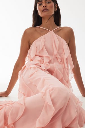 Pink Structured Chiffon Ruffle Detail Maxi Dress