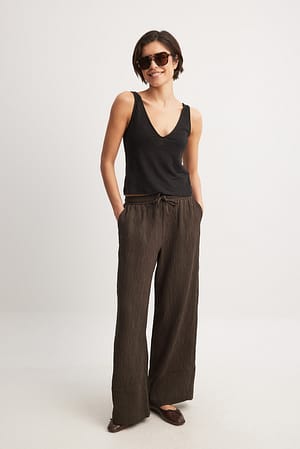 Brown Structured Elastic Waist Trousers