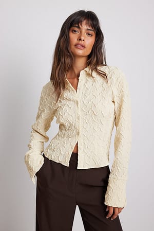 Cream Structured Fitted Long Sleeve Shirt