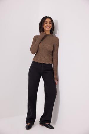 Brown Structured High Neck Fitted Top