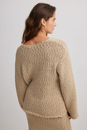 Structured Knitted V-Neck Sweater Beige