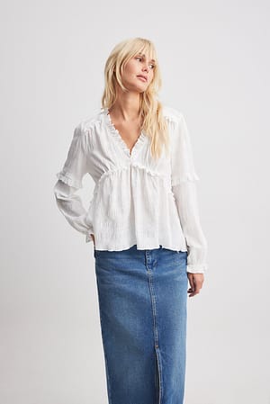 White Structured LS Frill Blouse
