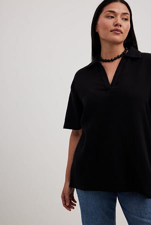 Black Structured Short Sleeve V-neck Top
