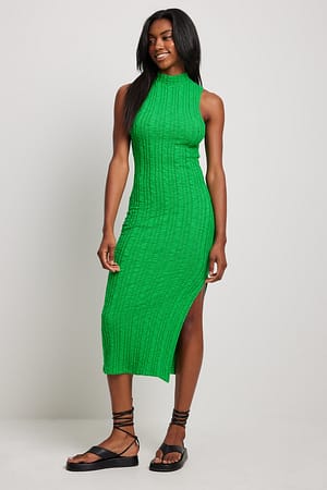 Green Gestructureerde midi-jurk met splitdetail