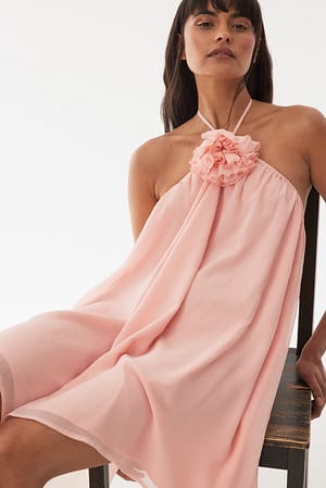 Pink Structured Chiffon Flower Detail Mini Dress
