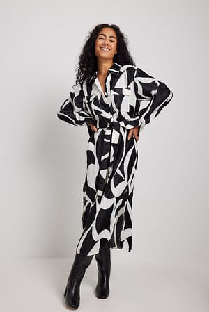 Black/White Print Swirl Pattern Midi Shirt Dress