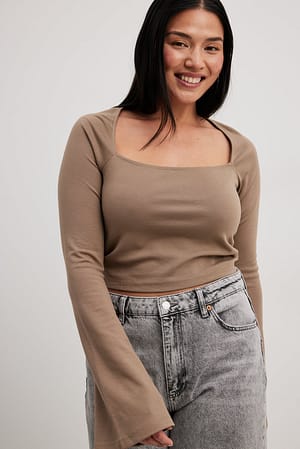 Taupe Square Neck Trumpet Sleeve Top