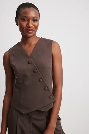 Brown Tailored Asymmetric Button Vest