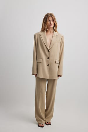 Sand Tailored Darted High Waist Suit Pants