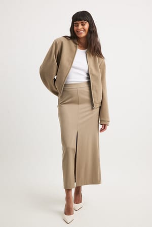 Taupe Tailored Front Slit Midi Skirt