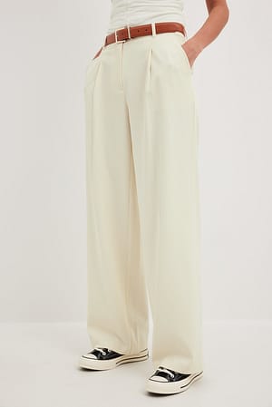 Cream Tailored Pleated Mid Waist Pants