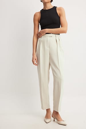 Cream Tapered High Waist Suit Pants