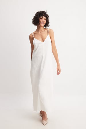 White Textured Stripe Midi Strap Dress