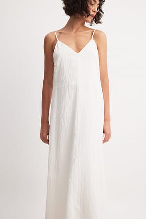 White Textured Stripe Midi Strap Dress