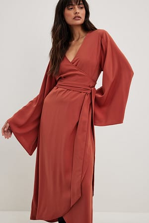 Rustic Red Tie Detail Maxi Sleeve Dress