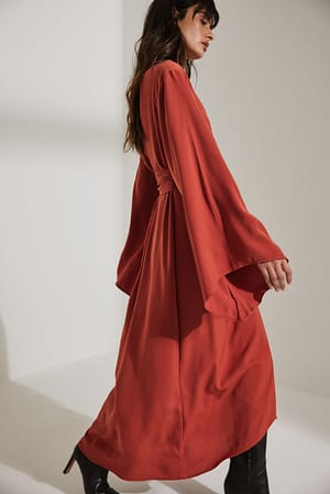Rustic Red Maxi-jurk met lange mouwen en strikdetail