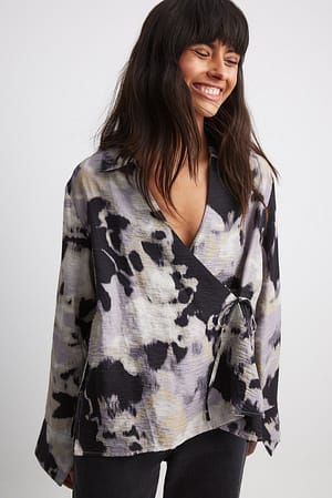Abstract Print Tie Detail Overlap Blouse