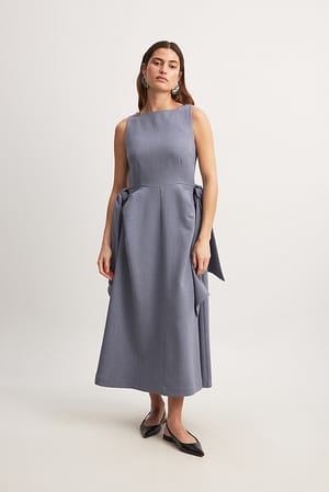 Blue Grey Tie Waist Detail Midi Dress