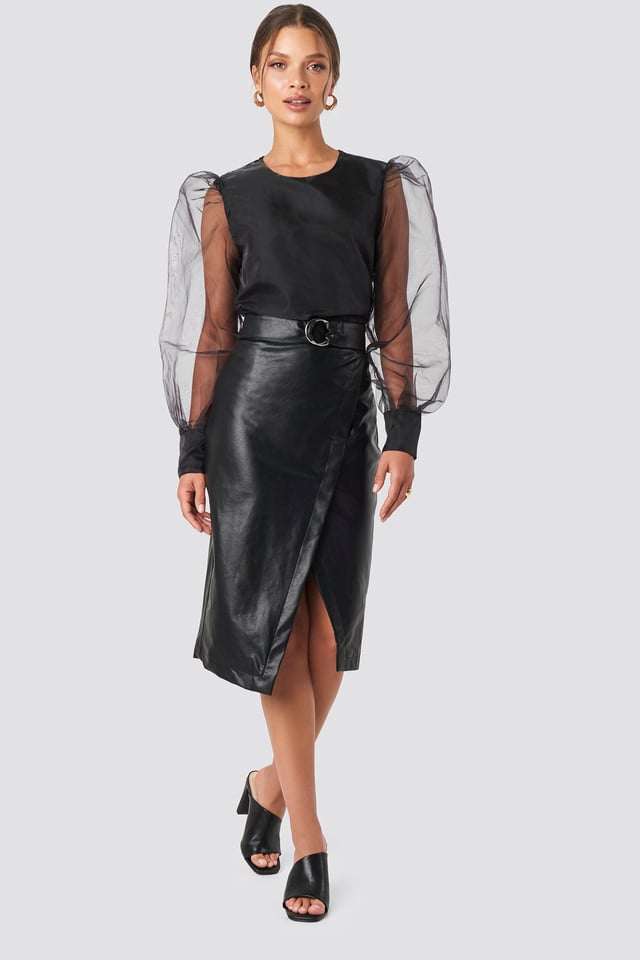 Overlapped Faux Leather Midi Skirt Black