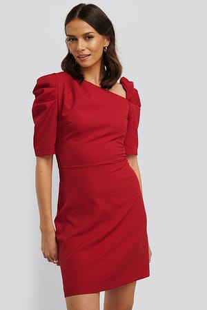 Red Asymmetric Neck Mini Dress