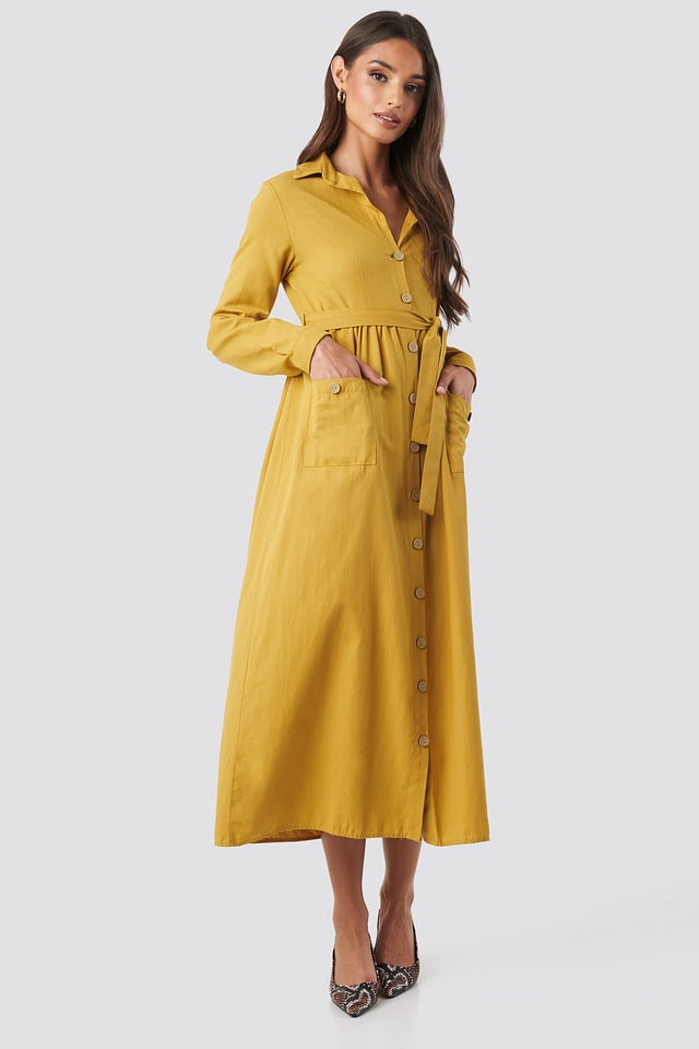 Belted Shirt Midi Dress Mustard