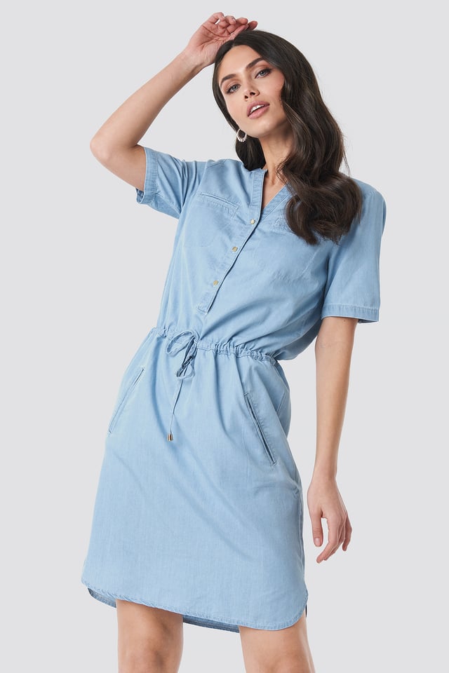 Bound Pocket Denim Dress Blue