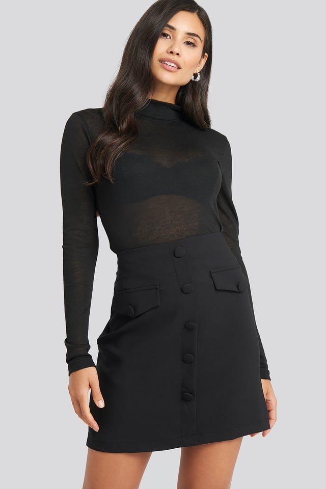 Button Detailed Mini Skirt Black