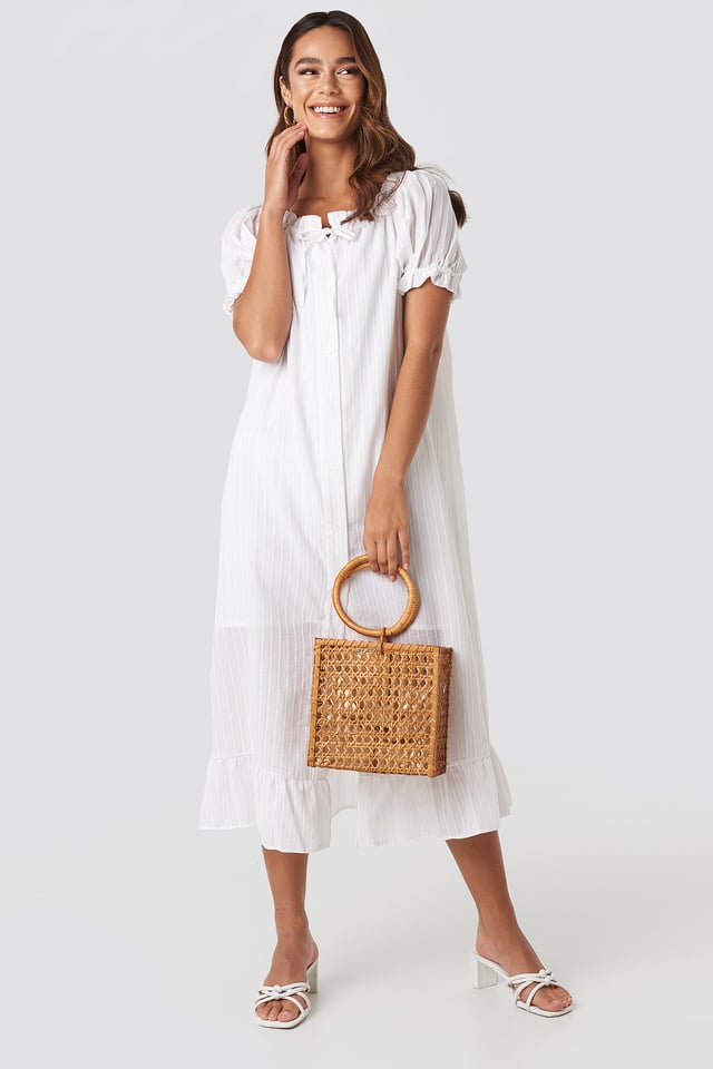 Button Striped Detailed Midi Dress White