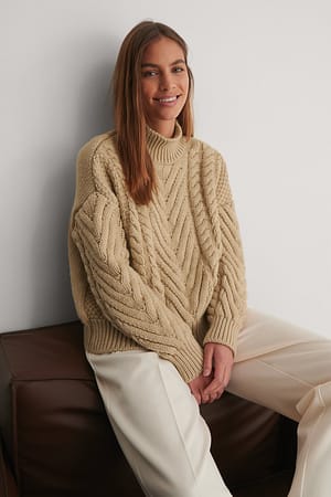 Beige Cable Knit Detail Sweater
