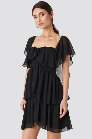 Black Carmen Neckline Mini Dress