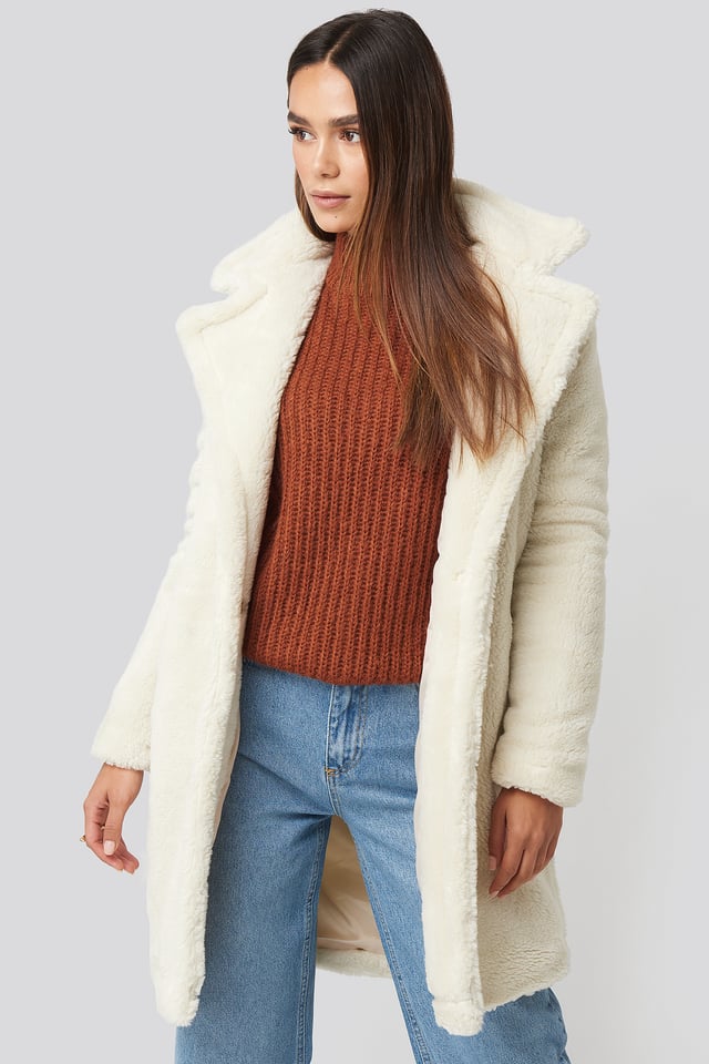 Faux Fur Long Coat Ecru